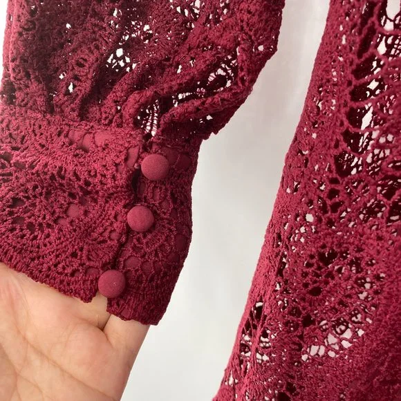 Aqua NWT Lace Button Front Long Sleeve Mock Neck Mini Dress Burgundy Medium New - Picture 7 of 12